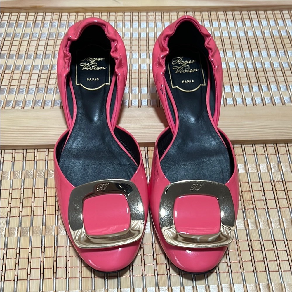 Roger Vivier Pink Flats with Gold Buckle